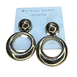 Etienne Aigner Clip Earrings‎ Gold Tone Vintage Door Knocker Hoop Drop Statement